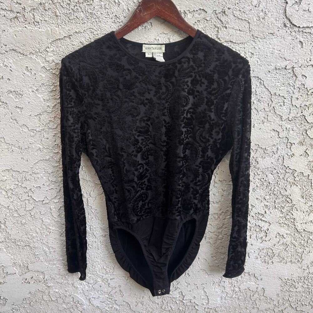 Vintage Ann Taylor Black Velvet Burnout Bodysuit Large